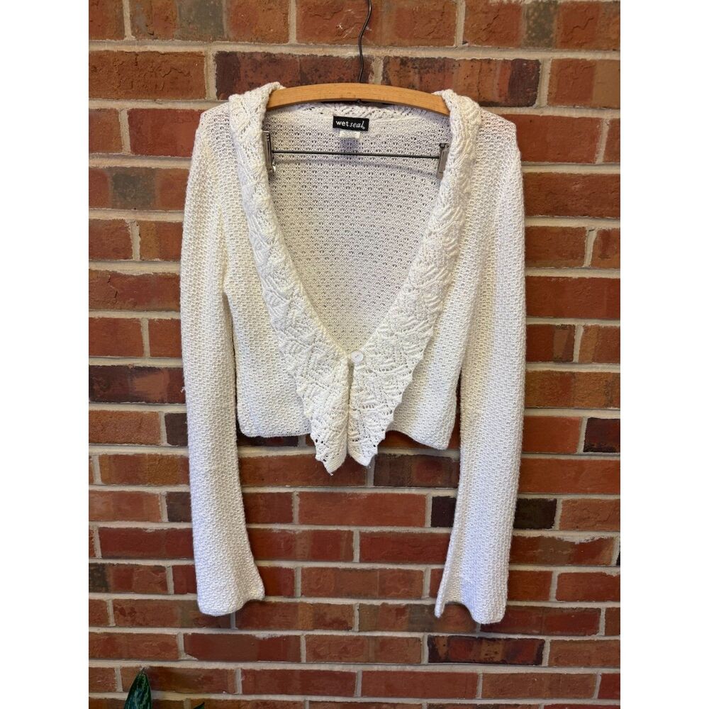 Wet Seal White Knit Cropped Cardigan Lace Trim Cottagecore
